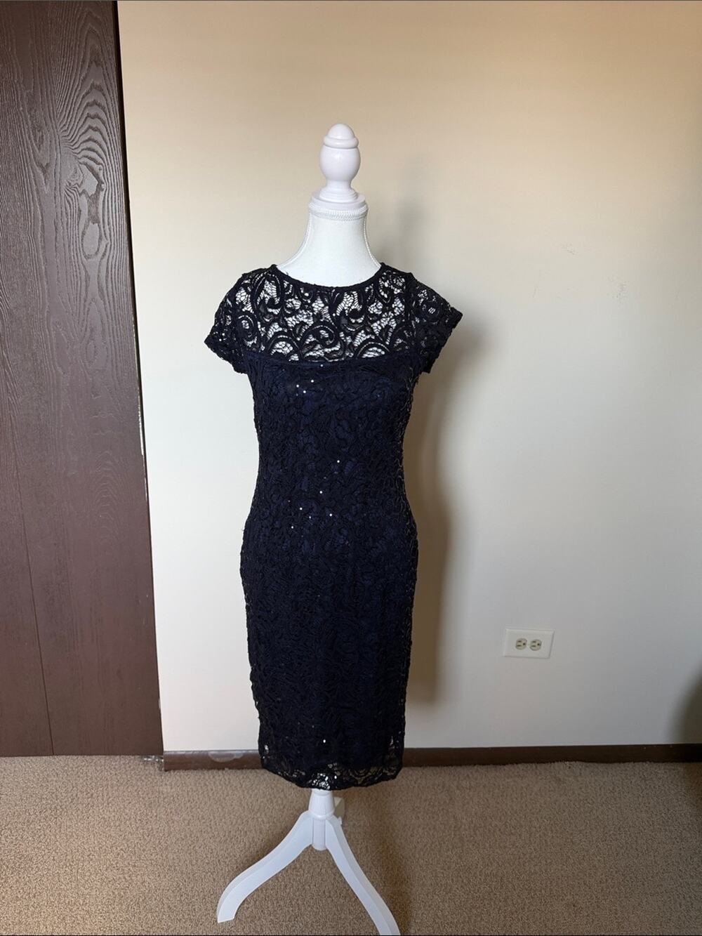 MARINA Navy Lace Midi Dress with Sheer Yoke - size 4